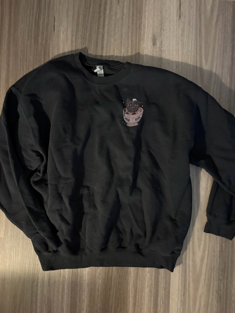 Uniqlo Black Sweatshirt with Pink Cat-in-Miso Soup Embroidery